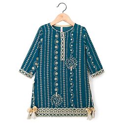 Babyhug Georgette Woven Three Fourth Sleeves Kurti Salwar with Dupatta Embroidery & Sequin Detailing - Navy Blue
