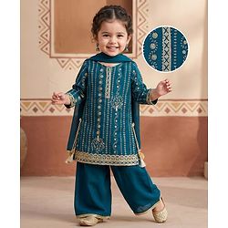 Babyhug Georgette Woven Three Fourth Sleeves Kurti Salwar with Dupatta Embroidery & Sequin Detailing - Navy Blue
