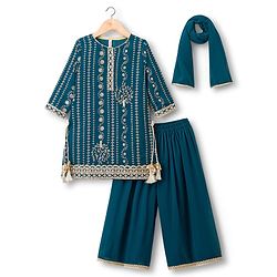 Babyhug Georgette Woven Three Fourth Sleeves Kurti Salwar with Dupatta Embroidery & Sequin Detailing - Navy Blue