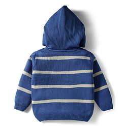 Babyhug Knit Full Sleeves Front Open Hooded Sweater with Cable Knit Design Stripes & Patch Detailing - Royal Blue