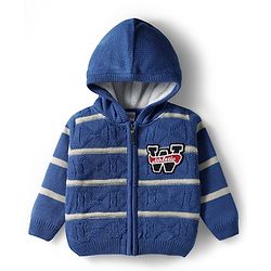 Babyhug Knit Full Sleeves Front Open Hooded Sweater with Cable Knit Design Stripes & Patch Detailing - Royal Blue