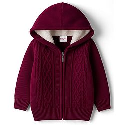 Babyhug Knit Full Sleeves Front Open Hooded Sweater With Cable Knit Design- Maroon