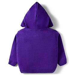 Babyhug Knitted Full Sleeves Hooded Front Open Sweater With LA Embroidery & Kangaroo Pockets - Purple