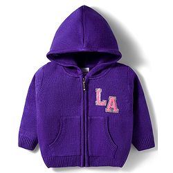 Babyhug Knitted Full Sleeves Hooded Front Open Sweater With LA Embroidery & Kangaroo Pockets - Purple