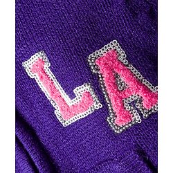 Babyhug Knitted Full Sleeves Hooded Front Open Sweater With LA Embroidery & Kangaroo Pockets - Purple