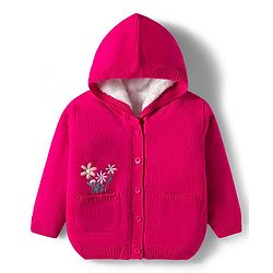 Babyhug Knit Full Sleeves Front Open Hooded Sweater with Floral Embroidery - Pink