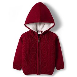 Babyhug Knit Full Sleeves Front Open Hooded Sweater with Cable Knit Design - Dark Red
