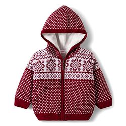 Babyhug Knit Full Sleeves Front Open Hooded Sweater With Aztec Design - Red
