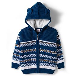 Babyhug Knit Full Sleeves Front Open Hooded Sweater with Aztec Design & Ear Applique - Navy Blue