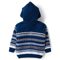 Babyhug Knit Full Sleeves Front Open Hooded Sweater with Aztec Design & Ear Applique - Navy Blue