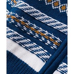 Babyhug Knit Full Sleeves Front Open Hooded Sweater with Aztec Design & Ear Applique - Navy Blue