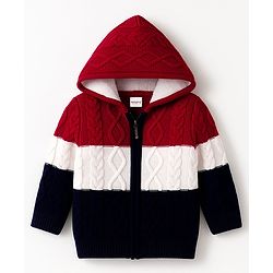 Babyhug Woven Full Sleeves Hooded Front Open Sweater With Color Block & Cable Knit Design - Red White & Navy Blue