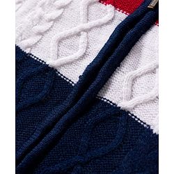 Babyhug Woven Full Sleeves Hooded Front Open Sweater With Color Block & Cable Knit Design - Red White & Navy Blue