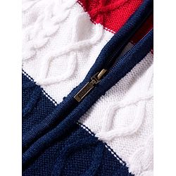 Babyhug Woven Full Sleeves Hooded Front Open Sweater With Color Block & Cable Knit Design - Red White & Navy Blue