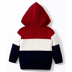 Babyhug Woven Full Sleeves Hooded Front Open Sweater With Color Block & Cable Knit Design - Red White & Navy Blue