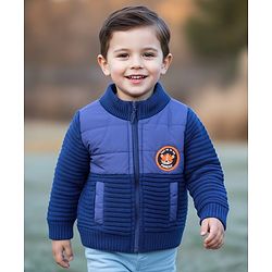 Babyhug Knit Full Sleeves Front Open Sweater with Animal Badge - Blue