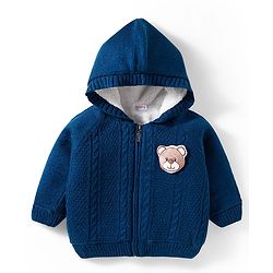 Babyhug Knit Full Raglan Sleeves Front Open Hooded Sweater with Cable Knit Design & Bear Applique - Navy Blue