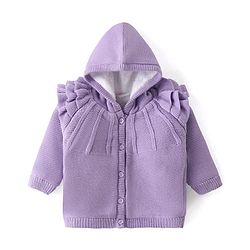 Babyhug Knit Full Sleeves Solid Color Hooded Front Open Sweater with Frill Detailing - Lavender