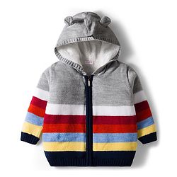 Babyhug Knit Full Sleeves Front Open Hooded Sweater with Color Block & Ear Applique - Grey