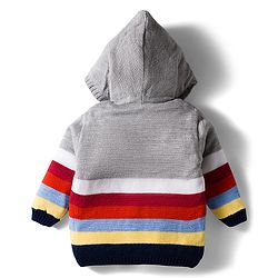 Babyhug Knit Full Sleeves Front Open Hooded Sweater with Color Block & Ear Applique - Grey