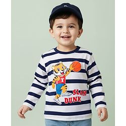 Babyhug 100% Cotton Knit Full Sleeves Striped T-Shirt with Tiger Graphic - White & Navy Blue