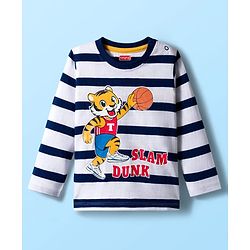 Babyhug 100% Cotton Knit Full Sleeves Striped T-Shirt with Tiger Graphic - White & Navy Blue