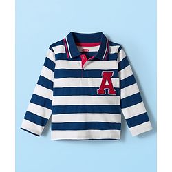 Babyhug 100% Cotton Knit Full Sleeves Polo T-Shirt with Stripes & Patch Detailing - Navy Blue & White