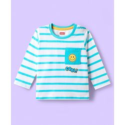 Babyhug 100 % Cotton Knit Full Sleeves T-Shirt with Pocket Stripes & Smiley Print - Light Blue