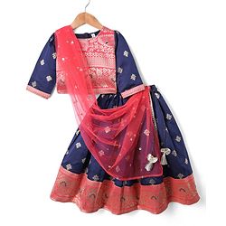 Babyhug Brocade Woven Choli Lehenga and Dupatta Set with Lace Detailing - Navy Blue