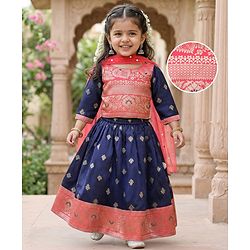 Babyhug Brocade Woven Choli Lehenga and Dupatta Set with Lace Detailing - Navy Blue