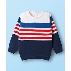Babyhug Knit Full Sleeves  Pullover with Stripe Design - White & Navy Blue
