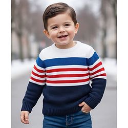 Babyhug Knit Full Sleeves  Pullover with Stripe Design - White & Navy Blue