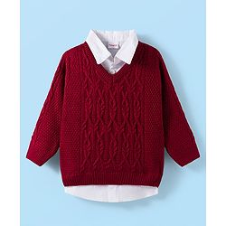 Babyhug Knit Full Sleeves Pullover Sweater with Cable Knit Design - Maroon