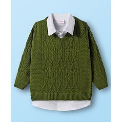 Babyhug Knit Full Sleeves  Twofer Style Pullover with Cable Knit Design - Olive Green & White