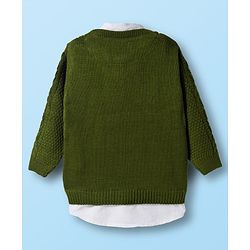 Babyhug Knit Full Sleeves  Twofer Style Pullover with Cable Knit Design - Olive Green & White