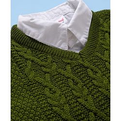 Babyhug Knit Full Sleeves  Twofer Style Pullover with Cable Knit Design - Olive Green & White