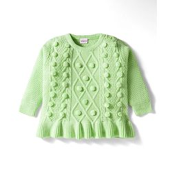Babyhug Knit Full Sleeves Pullover Sweater with Cable Knit Design & Frill Detailing - Light Green