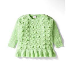 Babyhug Knit Full Sleeves Pullover Sweater with Cable Knit Design & Frill Detailing - Light Green