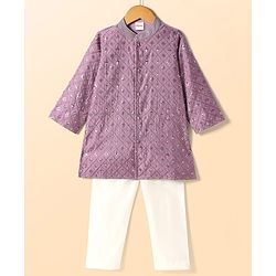 Babyhug Woven Full Sleeves Kurta Pajama Set with Embroidery & Sequin Detailing - Lavender