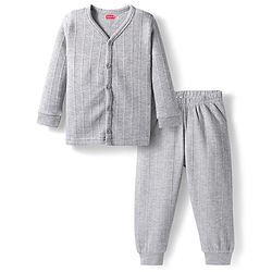 Babyhug Knit Full Sleeves Solid Color Thermal Vest & Pant Set - Light Grey