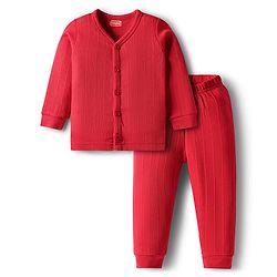 Babyhug Cotton Knit Full Sleeves Front Open Solid Thermal Inner Wear Set - Red