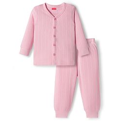 Babyhug Knit Full Sleeves Solid Color Front Open Thermal Vest & Pant Set - Pink