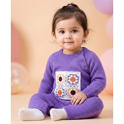 Babyhug Sweater Knit Full Sleeves Winter Wear Romper with Floral Design and Patch - Purple