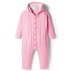 Babyhug Knit Full Sleeves Hooded Winter Wear Romper With Cable Knit Design - Light Pink