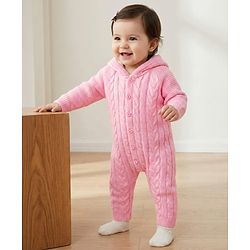 Babyhug Knit Full Sleeves Hooded Winter Wear Romper With Cable Knit Design - Light Pink