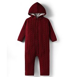 Babyhug Sweater Knit Full Sleeves Front Open Romper With Cable Knit Design - Dark Red