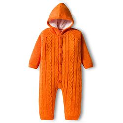 Babyhug Sweater Knit Full Sleeves Front Open Solid Hooded Winter Wear Romper with Cable Knit Design - Orange