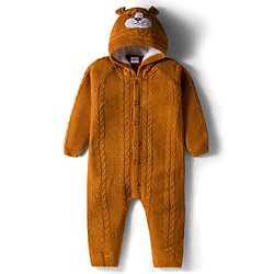Babyhug Sweater Knit Full Raglan Sleeves Winter Wear Romper with Cable Knit Design Bear Embroidery - Light Brown