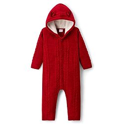 Babyhug Knit Full Sleeves Hooded Winter Wear Romper with Ear Applique & Cable Knit Design - Maroon