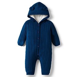 Babyhug Sweater Knit Full Sleeves Hooded Romper With Ear Applique - Navy Blue
